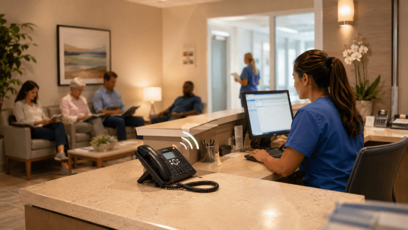 Busy medical clinic reception desk with phone ringing and overwhelmed staff — missed calls cost practices thousands per week